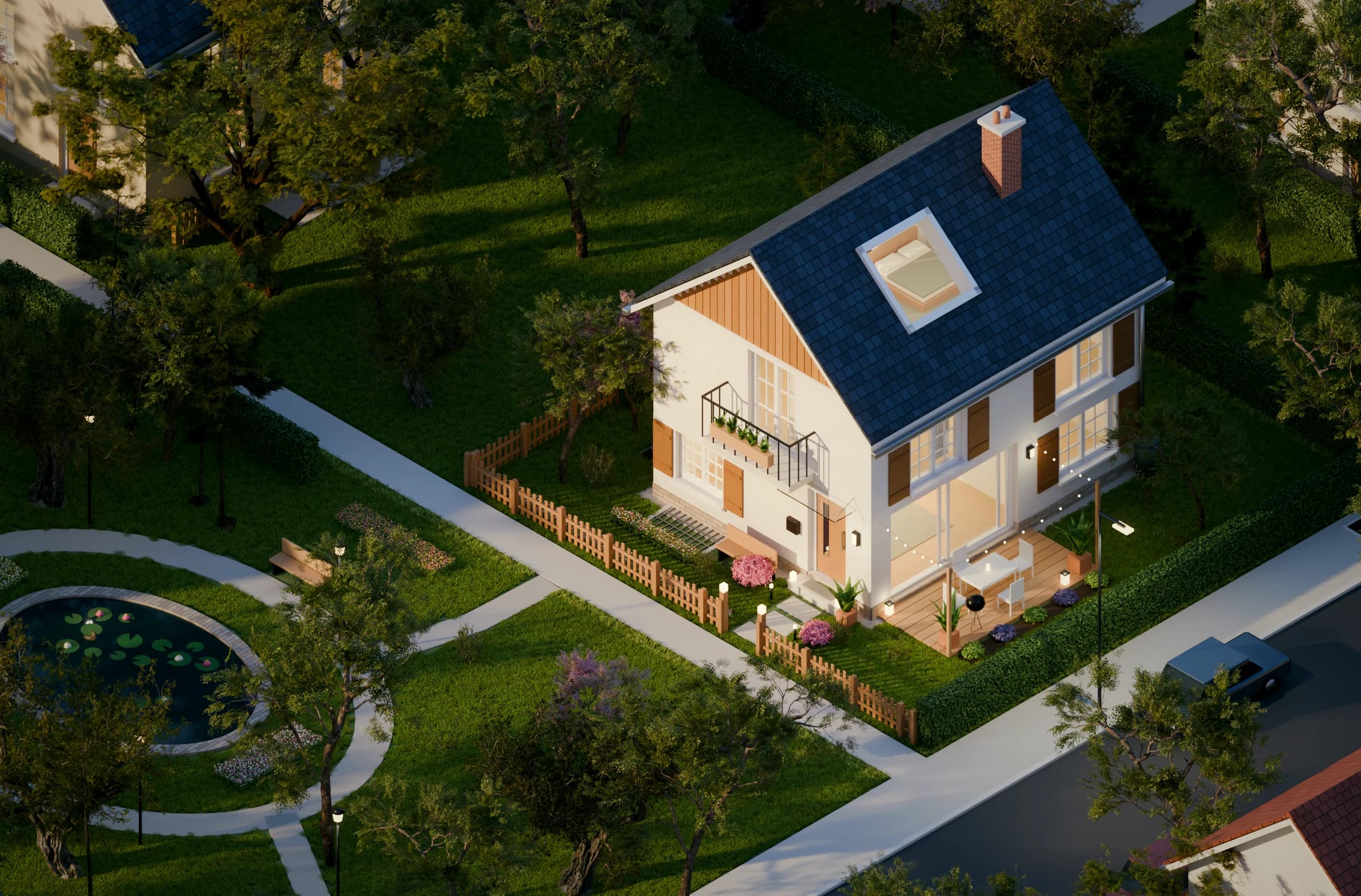 Modell eines Einfamilienhauses mit Garten: Fenster, Balkontür, Terrassentür, Dachfenster und Kellerschacht, in den Zimmern brennt Licht