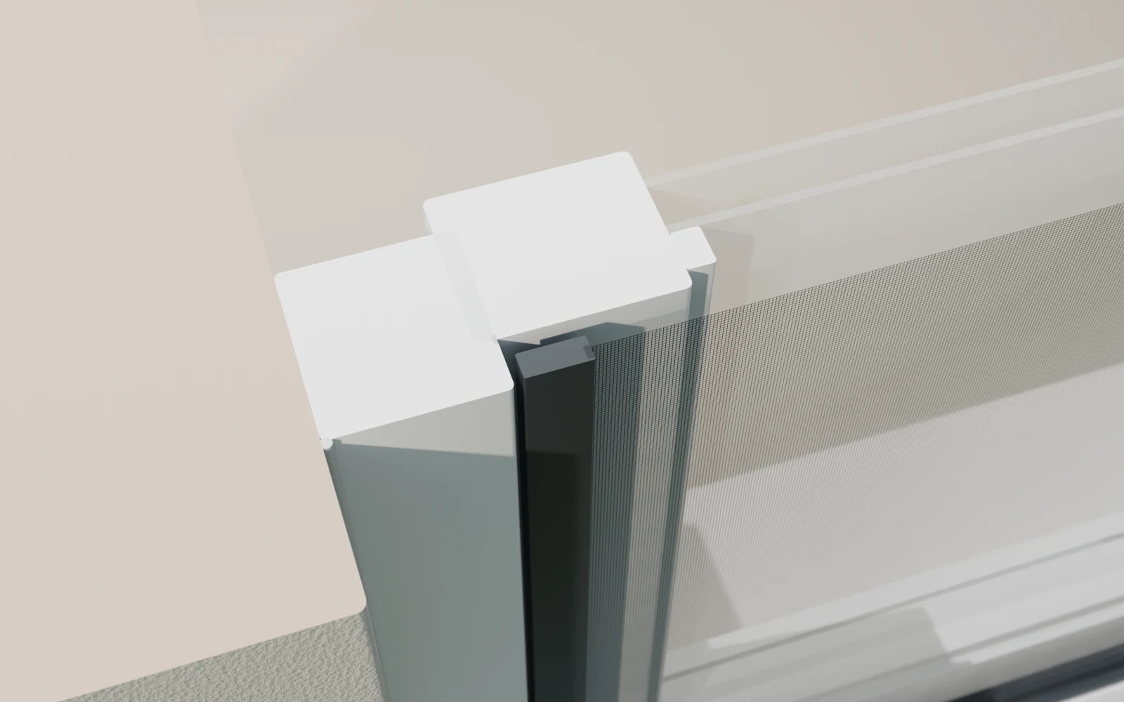 Fenster mit Spannrahmen, quer aufgeschnitten: Wand, Fensterrahmen, davor der schmale Spannrahmen mit Gewebe, dahinter das Fenster