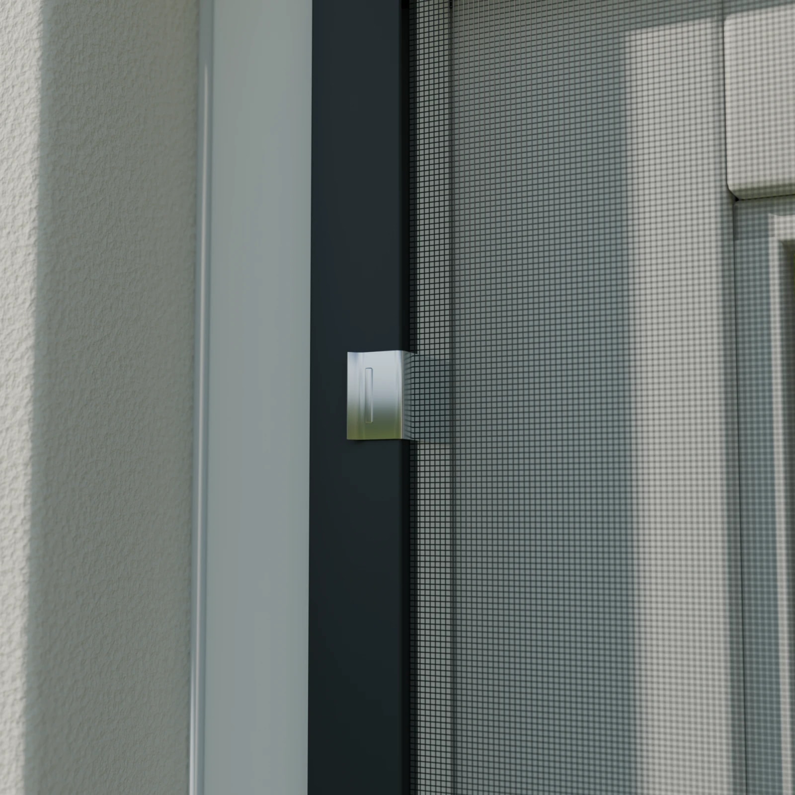 Klemmfeder greift um Spannrahmen und Fensterrahmen, von außen ganz nah
