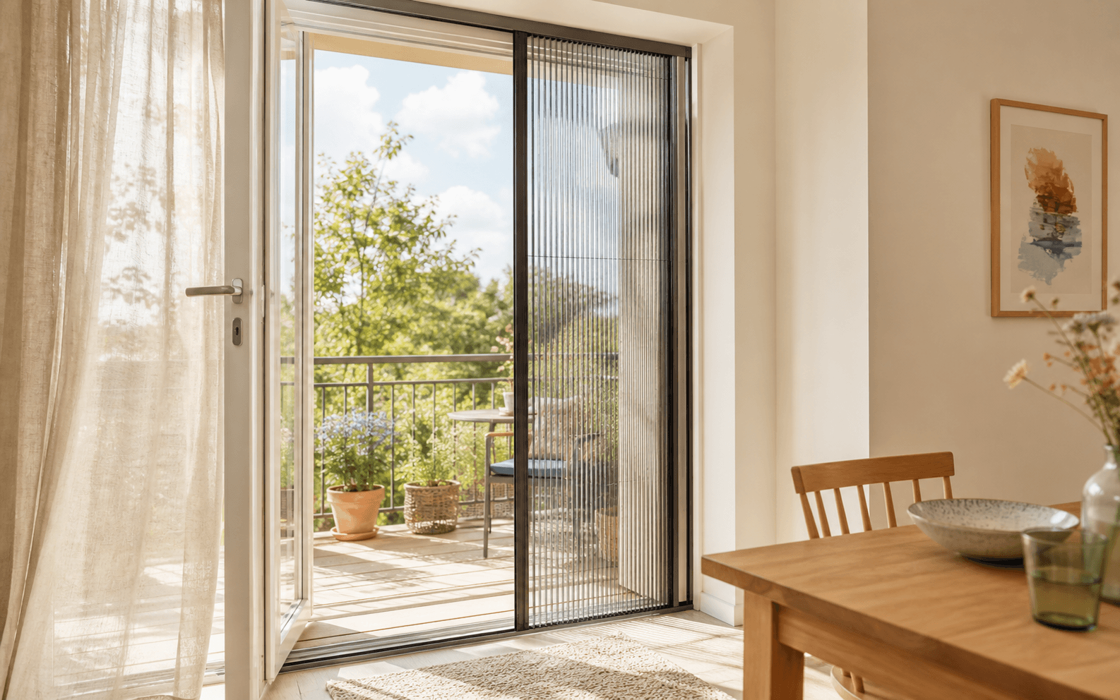 Heller Raum mit Plissee-Tür zum Balkon