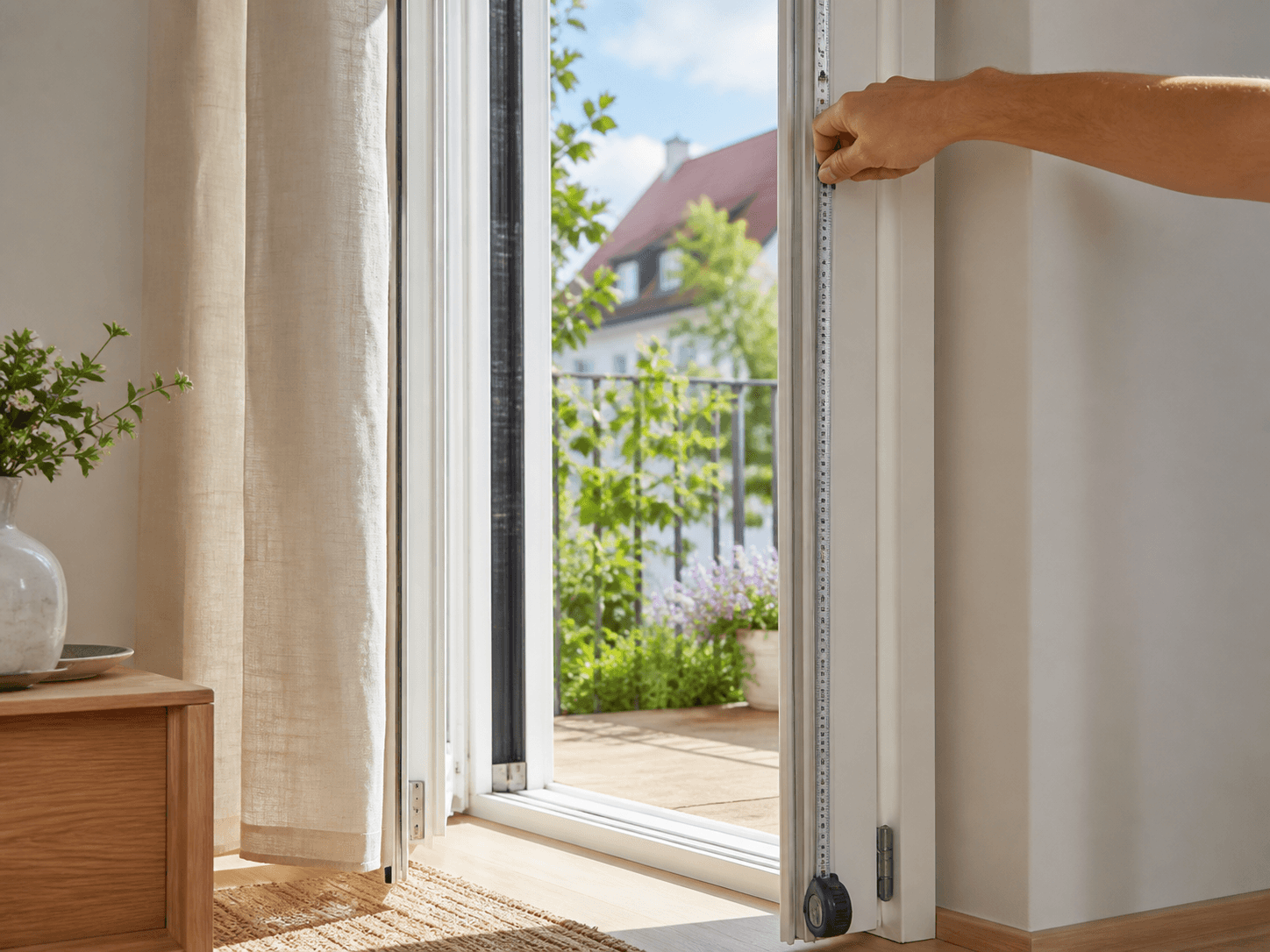 Eine Hand hält ein Maßband an den Rahmen einer offenen Balkontür, draußen ein sonniger Balkon mit Pflanzen